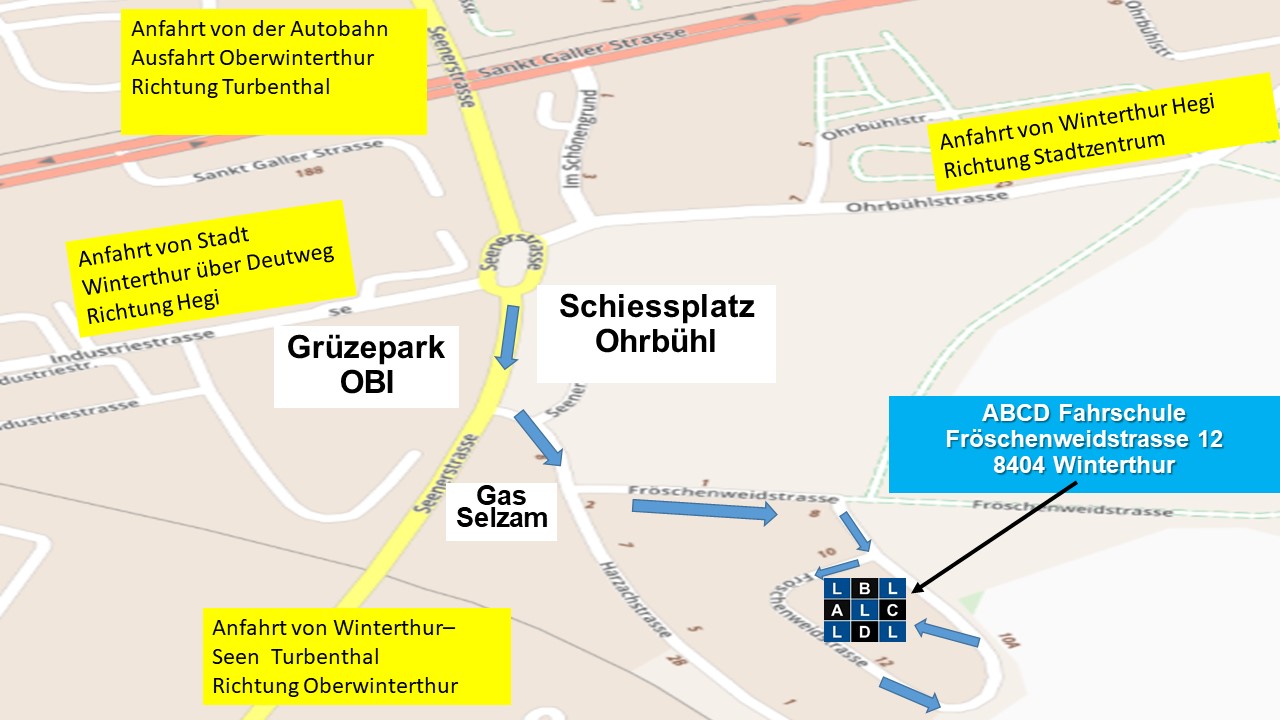 Route / Anfahrt ABCD Fahrschule Fröschenweidsrasse 12 8404 Winterthur Grüze für alle Fahrschule Kategorien in Winterthur